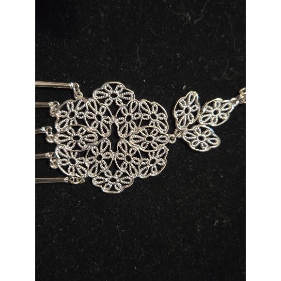 Vintage Silver Toned Flowers Pendant Chain Necklace With Five Dangle Bars Tassel - Picture 2 of 9